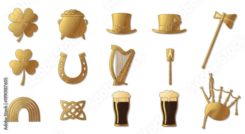 Saint Patrick's Day Golden Symbols Collection: Shamrock, Pot of Gold, Harp, Beer, Rainbow