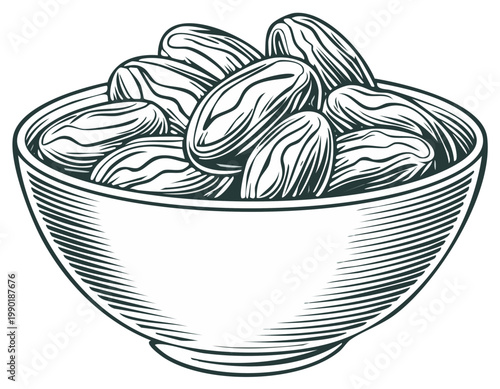 Engraved Bowl Full of Fresh Dates Fruit Ingredient Staple