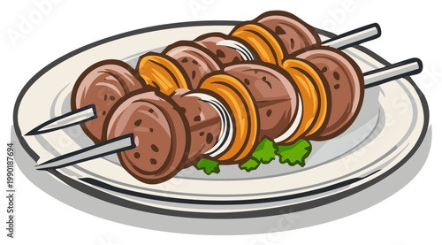 Delicious grilled meat and vegetable skewers served on a plate with green garnish illustration