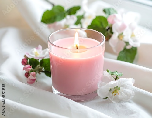 A serene pink candle surrounded by flowers on a white cloth