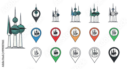 Kuwait Towers Icons Set: Landmark Map Pins and Illustrations