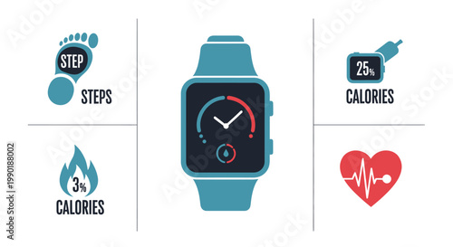 Smartwatch Health Tracking: Steps, Calories, Heart Rate Monitor Icons