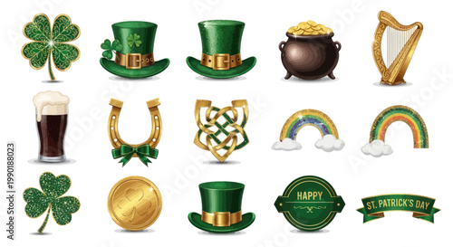 St. Patrick's Day Icons: Shamrock, Pot of Gold, Harp, Rainbow, Beer, Horseshoe, Top Hat