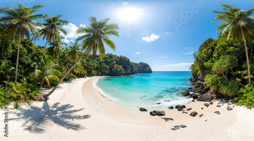 Tropical Paradise Beach With Crystal Clear Turquoise Water Lush Green Palm Trees and Blue Sky Panoramic View