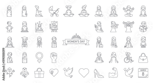 Diverse Women's Day Icon Set: Empowerment, Activities, Symbols, and Professions