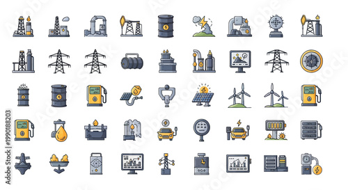 Energy Industry Icons: Oil, Gas, Solar, Wind, Electric Vehicles & Grid Technology