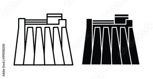 Hydroelectric dam icon set, industrial water power plant vector illustration, renewable energy infrastructure symbols in outline and solid black style