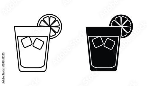 Minimalist cocktail glass icons with ice and lemon, black and white beverage vector set, cold drink symbols for bar menus and signage