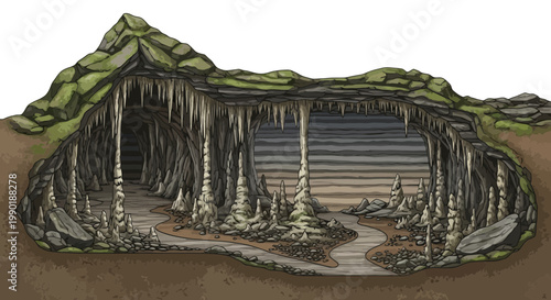 Inside a detailed cave system with stalactites and stalagmites an illustration of a natural underground landscape