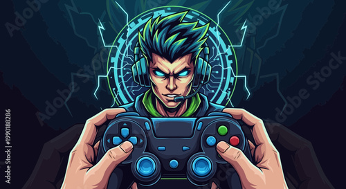 Intense gamer immersed in video game holding controller with focused expression in cartoon style vibrant colors and digital circuit backdrop
