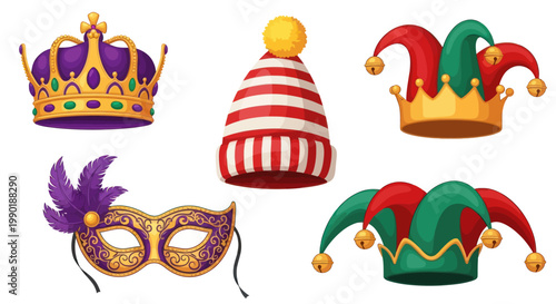Carnival Masks, Crowns, and Jester Hats - Celebration Costume Elements