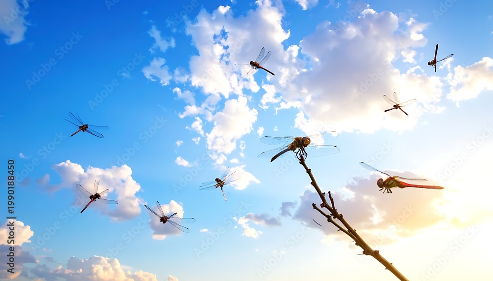 Fototapeta premium A serene scene of dragonflies flying in a blue sky