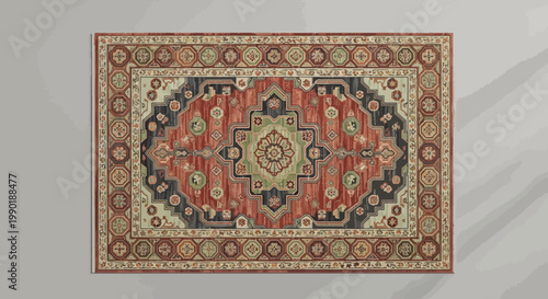 Intricate red and green Oriental rug with detailed border and center medallion pattern adds warmth and traditional charm to any interior space
