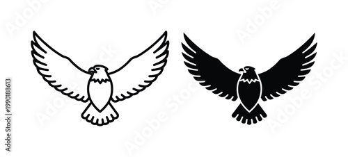 Bald eagle vector icons with spread wings, soaring hawk silhouette and outline graphics, majestic bird of prey logo set for branding and heraldry