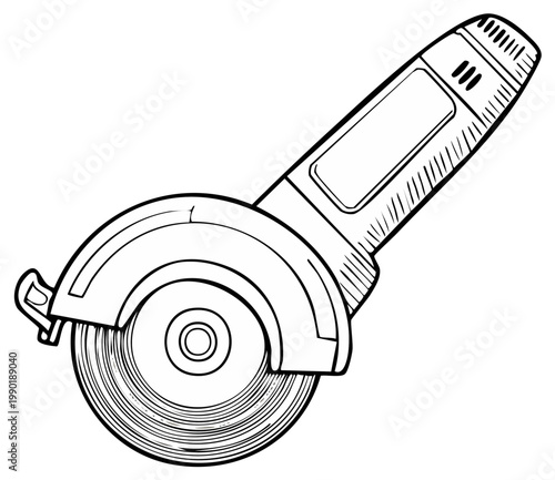 Circular saw illustration, construction equipment tool outline for woodworking and metalworking, black and white vector drawing