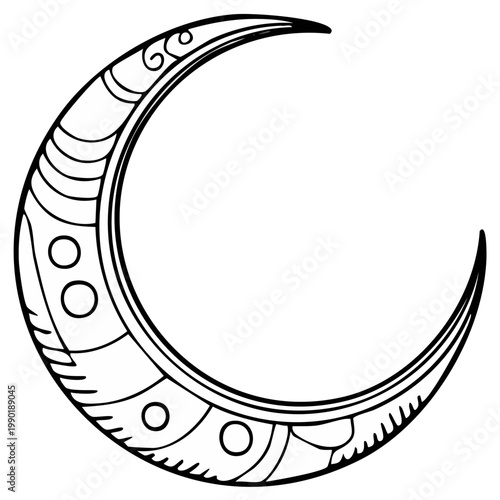 Decorative Crescent Moon Illustration with Intricate Swirl and Circle Motifs