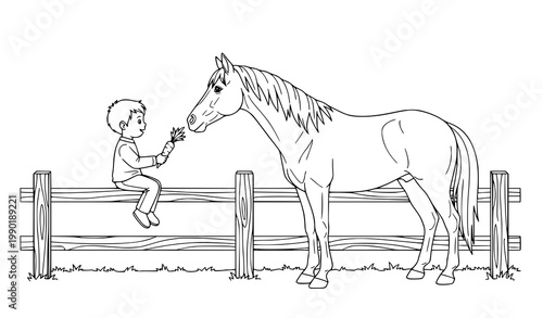 Kids Coloring Page Child Sitting on Fence Feeding Horse Simple Outline Farm Scene Vector