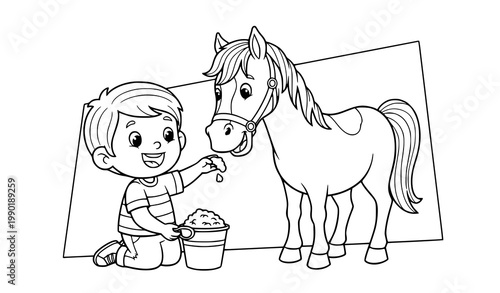 Cute Cartoon Child Feeding Horse Coloring Book Illustration Fun Farm Animal Outline Vector