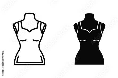 Female mannequin torso vector icons, black and white dress form silhouette set, fashion tailor dummy illustration for sewing and retail design