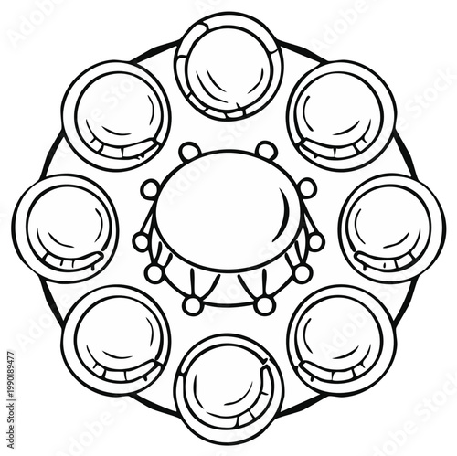 Circular ornate design with eight elements and a central jewel like shape