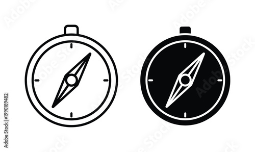 Minimalist compass vector icons, black and white navigation symbols, travel and adventure direction indicators for web design and maps