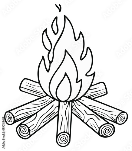 Cartoon campfire illustration, blazing flames, stacked wood, outdoor camping concept
