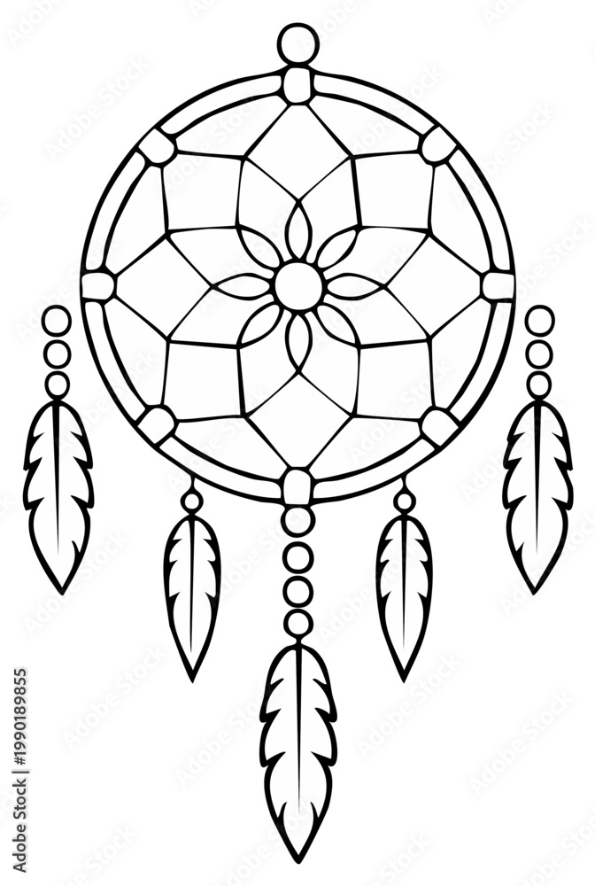 Obraz premium Traditional Dreamcatcher Artwork Featuring Feathers and Intricate Web Design