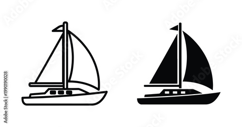 Minimalist sailboat icons in outline and solid black styles, nautical sailing boat vector set, marine vessel symbols for travel and ocean navigation