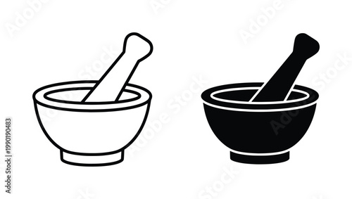 Minimalist mortar and pestle vector icons, black outline and solid silhouette pharmacy symbols, traditional grinding bowl for medicine and spices