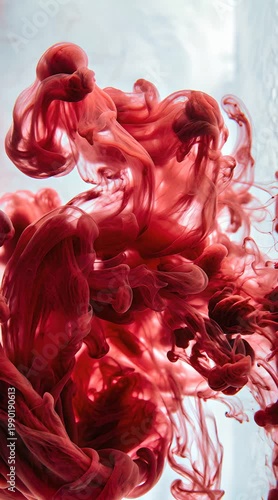 Vibrant Crimson Ink Cloud Swirling Abstract in Clear Liquid with Soft Backlighting