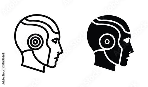 Futuristic robot head icons, artificial intelligence humanoid profile vectors, black and white cyborg face symbols for technology and science UI design