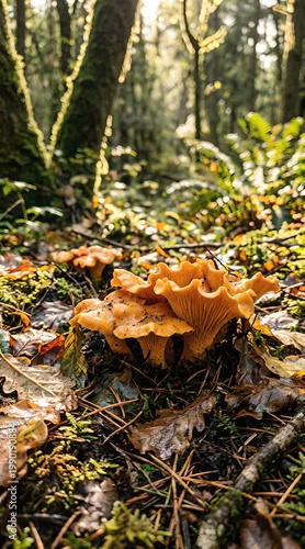 Vibrant Orange Chanterelle Mushrooms Grow on Mossy Forest Floor Illuminated by Golden Sunlight