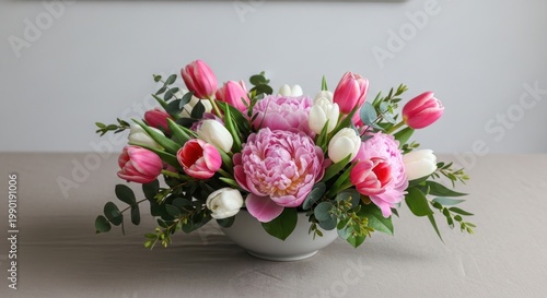 Spring Floral Arrangement: Pink Tulips, White Tulips, and Peonies in a Bowl