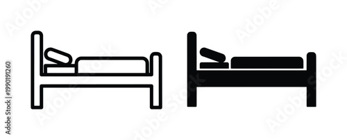 Minimalist bed icon set, black outline and solid silhouette bed symbols, modern furniture vector graphics for hotel and bedroom signage