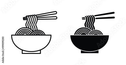 Minimalist ramen bowl icons with chopsticks, black and white noodle soup vector set, Japanese cuisine line art and solid silhouette symbols