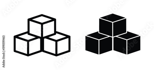 Minimalist sugar cube icons in outline and solid styles, geometric 3D block vector set, black and white sugar cubes for food and beverage packaging
