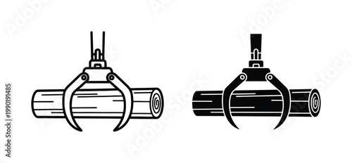 Industrial log grapple vector icons, hydraulic timber claw lifting wooden trunk, forestry machinery equipment symbols for logging and lumber industry