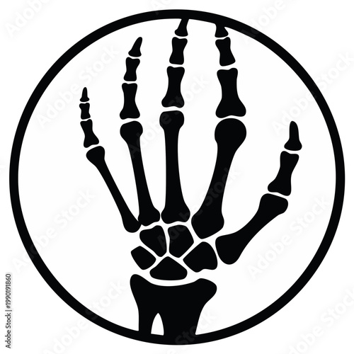 Skeleton hand in black and white circular badge design, isolated human anatomy illustration