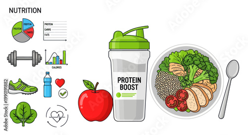 Healthy Lifestyle Flat Design Icons: Nutrition, Fitness, Food, and Workout Elements