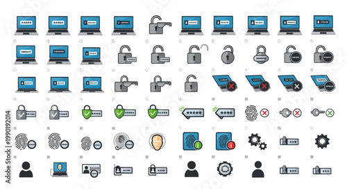 Digital Security Icons: Laptops, Locks, Fingerprints, Passwords, Shields, User Icons