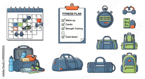 Fitness Routine Calendar, Gym Bag, Stopwatch, Backpacks & Workout Plan Icons