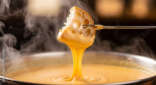 Hot melted cheese fondue with bread dip and steam