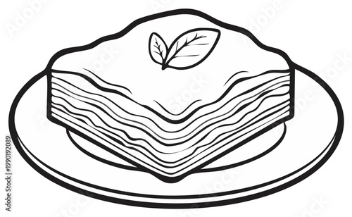 Vector illustration of sweet layered dessert, baklava style pastry with leaves on a plate