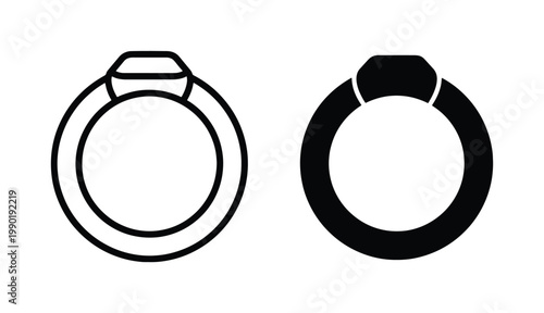 Minimalist diamond ring icons, elegant engagement ring vector set, black and white wedding jewelry symbols for bridal design and luxury branding