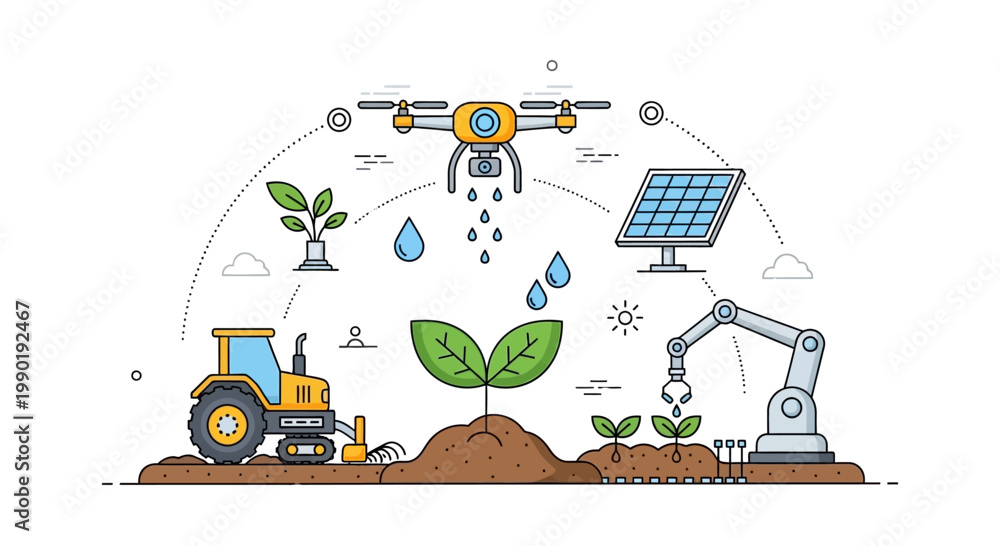 Fotografie Smart Farming Technology: Drone, Tractor, Robot Arm, Solar Panel, Plants