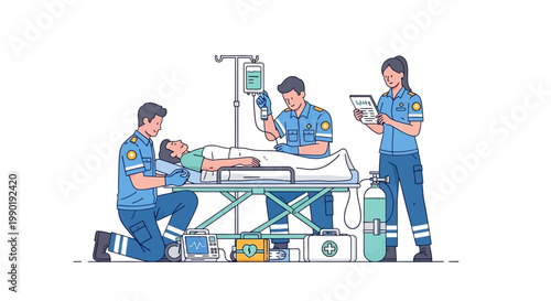 Paramedics Treat Patient on Stretcher with IV Drip and Medical Equipment