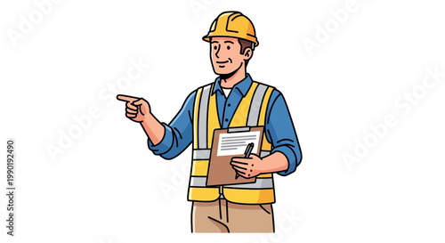 Construction worker in hard hat and vest points left holding clipboard, isolated on white