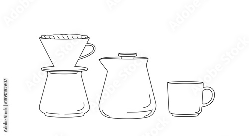 Coffee pot, coffee dripper and mug icons with thin line sketch style for cafe menus, barista branding and coffee shop graphics