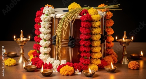 Traditional Indian Drum Decorated with Flower Garlands and Oil Lamps for Festival