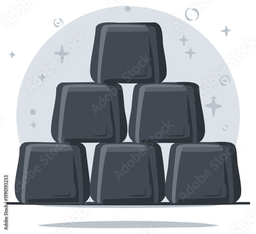 Abstract pyramid stack of dark gray rectangular blocks with subtle sparkling background illustration